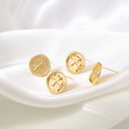 Picture of Brass Ear Post Stud Earrings 18K Real Gold Plated Elephant Animal Insect With Loop 14mm x 14mm