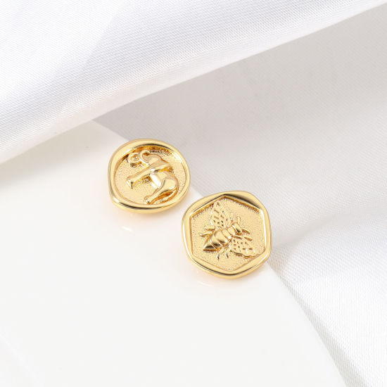 Picture of Brass Ear Post Stud Earrings 18K Real Gold Plated Elephant Animal Insect With Loop 14mm x 14mm