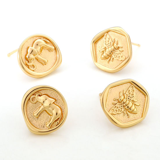 Picture of Brass Ear Post Stud Earrings 18K Real Gold Plated Elephant Animal Insect With Loop 14mm x 14mm