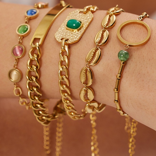 Image de Placage Sous Vide Écologique Simple & Décontracté Bracelets Chaîne à Maillons Cubains Élégant en 304 Acier Inoxydable Plaqué Or Véritable 18K Rond Ovale Pour Femmes 1 Pièce