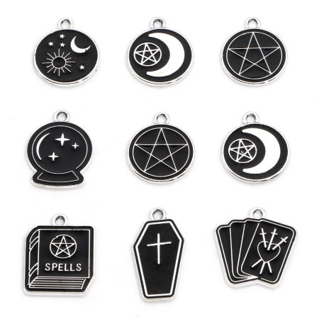 Zamak Halloween Colgantes Charms Tono de Plata Negro Ronda Sol & Luna Esmalte 10 Unidades