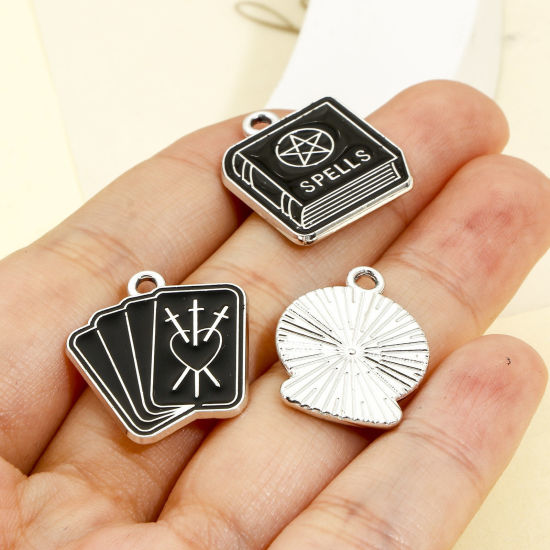 Picture of Zinc Based Alloy Halloween Charms Silver Tone Black Round Sun & Moon Enamel