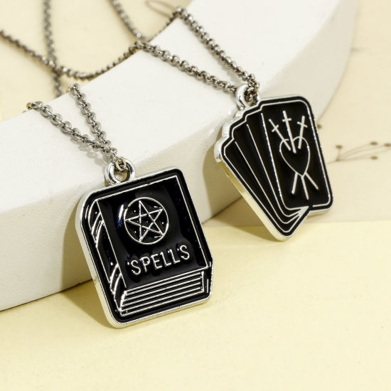 Picture of Zinc Based Alloy Halloween Charms Silver Tone Black Round Sun & Moon Enamel