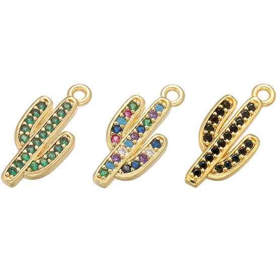 Immagine di 1 Pz Ottone Ciondoli Cactus Placcato Oro 18K Multicolore Strass 17mm x 8mm