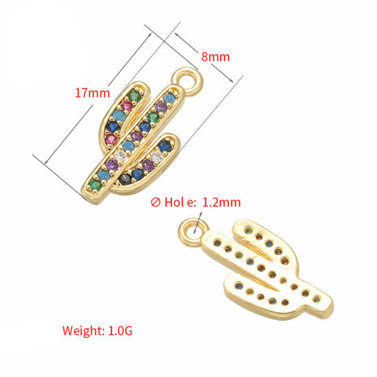 Immagine di 1 Pz Ottone Ciondoli Cactus Placcato Oro 18K Multicolore Strass 17mm x 8mm