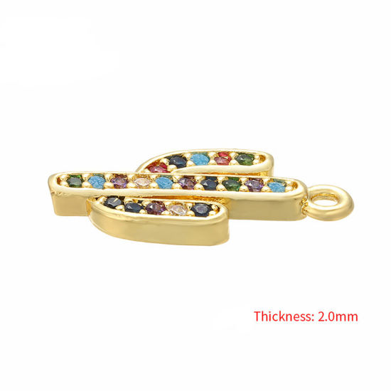 Immagine di 1 Pz Ottone Ciondoli Cactus Placcato Oro 18K Multicolore Strass 17mm x 8mm