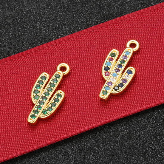 Immagine di 1 Pz Ottone Ciondoli Cactus Placcato Oro 18K Multicolore Strass 17mm x 8mm
