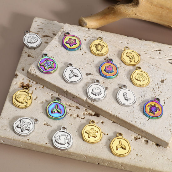 Imagen de 304 Acero Inoxidable Joyería del océano Colgantes Charms Ronda Multicolor Estrella de Mar 3 Unidades