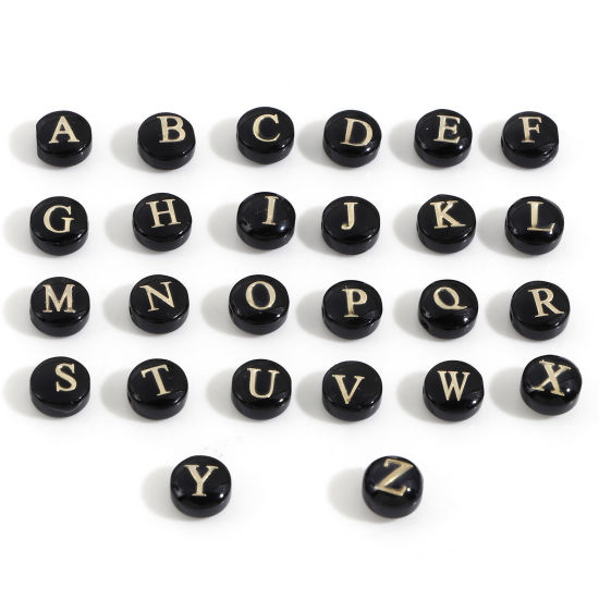 Image de Perles pour DIY Fabrication de Bijoux en Coquille Rond Noir Alphabet Initial/ Lettre Majuscule Mots" A-Z " Double Face 8mm Dia, Taille de Trou: 0.5mm, 5 Pcs