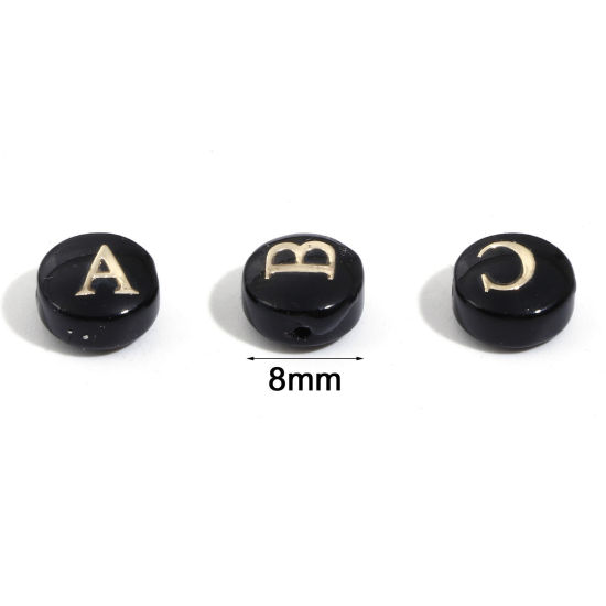 Image de Perles pour DIY Fabrication de Bijoux en Coquille Rond Noir Alphabet Initial/ Lettre Majuscule Mots" A-Z " Double Face 8mm Dia, Taille de Trou: 0.5mm, 5 Pcs