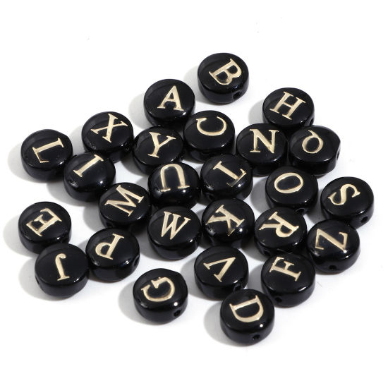 Image de Perles pour DIY Fabrication de Bijoux en Coquille Rond Noir Alphabet Initial/ Lettre Majuscule Mots" A-Z " Double Face 8mm Dia, Taille de Trou: 0.5mm, 5 Pcs