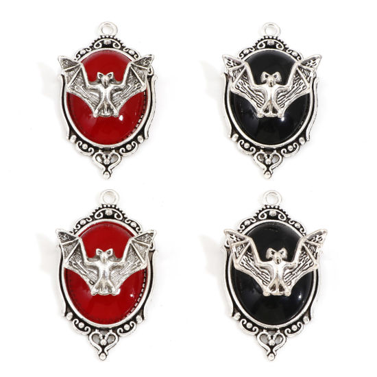 Picture of Zinc Based Alloy Halloween Pendants Antique Silver Color Mirror Halloween Bat Enamel 4.3cm x 2.4cm