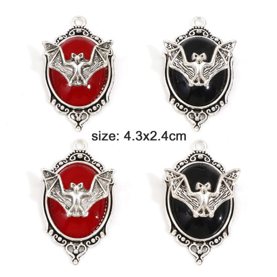 Picture of Zinc Based Alloy Halloween Pendants Antique Silver Color Mirror Halloween Bat Enamel 4.3cm x 2.4cm