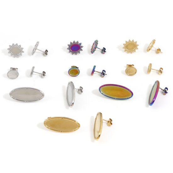 Image de 4 Pcs Boucles d'Oreilles Puces en 304 Acier Inoxydable Ovale Multicolore Cabochon Rapportable