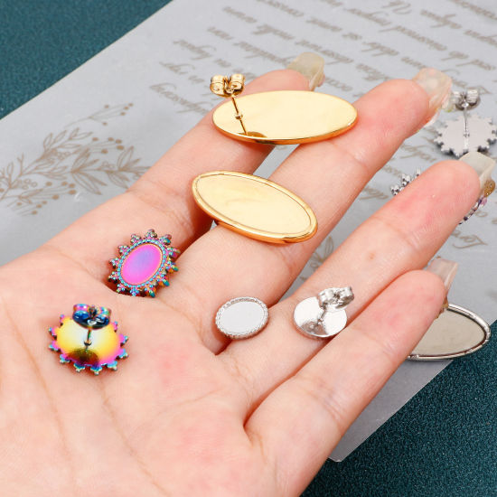 Image de 4 Pcs Boucles d'Oreilles Puces en 304 Acier Inoxydable Ovale Multicolore Cabochon Rapportable