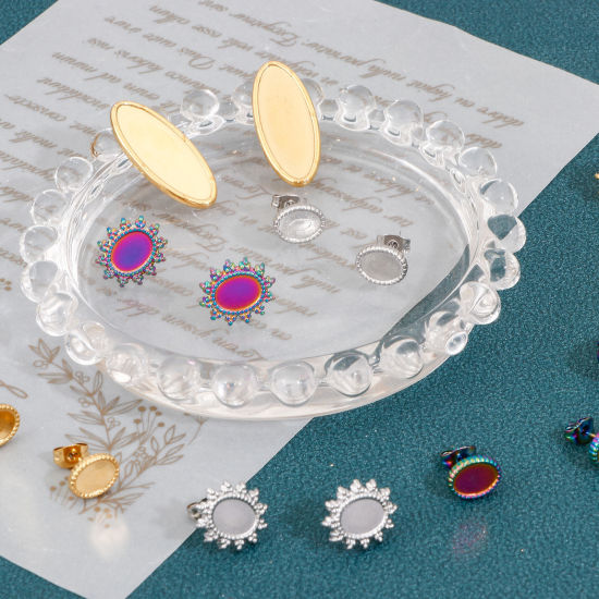 Image de 4 Pcs Boucles d'Oreilles Puces en 304 Acier Inoxydable Ovale Multicolore Cabochon Rapportable