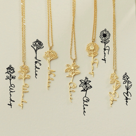 Picture of 304 Stainless Steel Birth Month Flower Customized Name Earrings & Necklace Personalized Letter Pendant
