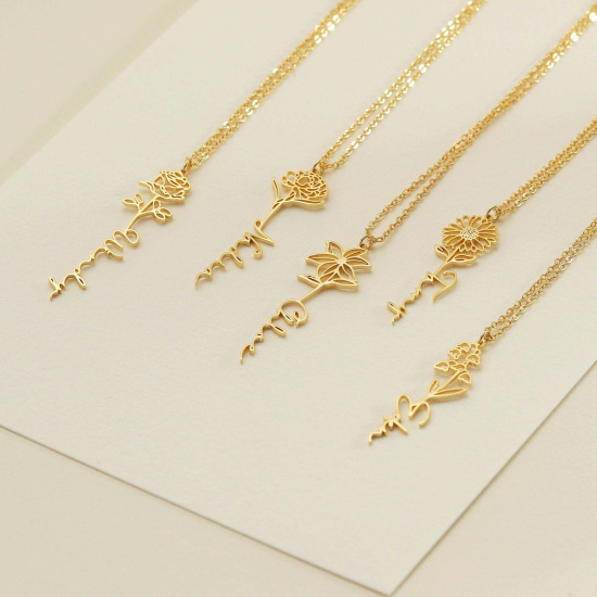 Picture of 304 Stainless Steel Birth Month Flower Customized Name Earrings & Necklace Personalized Letter Pendant
