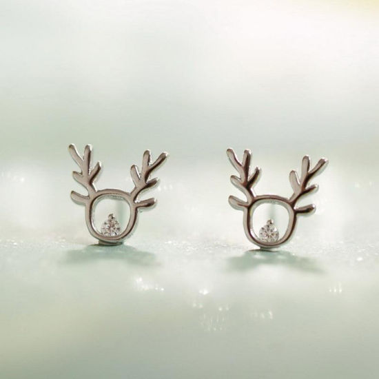 Image de Boucles d'Oreilles Puces en Laiton Plaqué Platine Renne de Noël 1 Paire