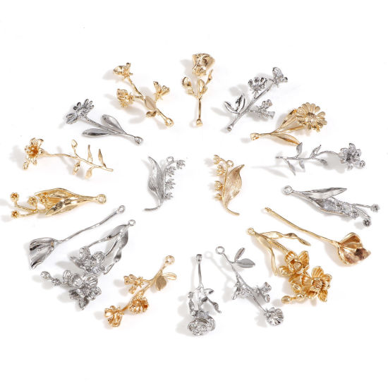 Imagen de Latón Colgantes Charms Flor Oro Real Chapado 3D 2 Unidades