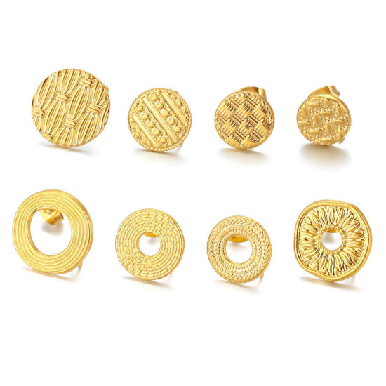 Picture of 304 Stainless Steel Ear Post Stud Earring With Loop Connector Accessories Round Weave Textured