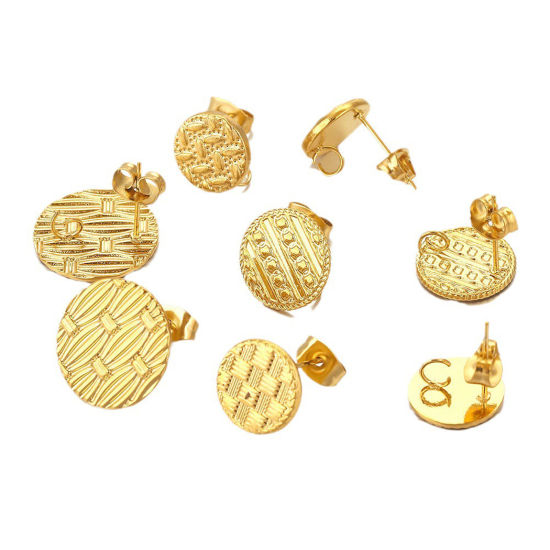 Picture of 304 Stainless Steel Ear Post Stud Earring With Loop Connector Accessories Round Weave Textured
