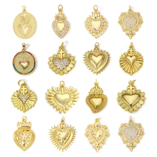Image de Breloques Religieux en Laiton Coeur de Ex-Voto Plaqué Or Véritable 18K à Zircone Cubique Clair 1 Pièce