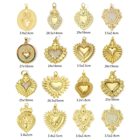 Image de Breloques Religieux en Laiton Coeur de Ex-Voto Plaqué Or Véritable 18K à Zircone Cubique Clair 1 Pièce