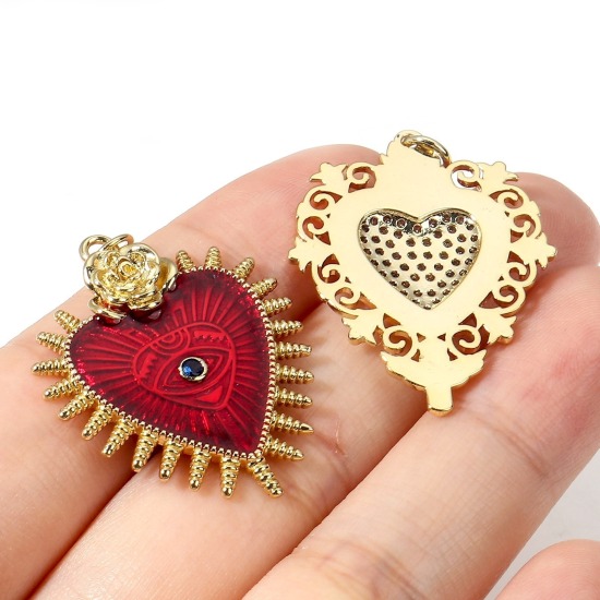 Image de Breloques Religieux en Laiton Coeur de Ex-Voto Plaqué Or Véritable 18K à Zircone Cubique Clair 1 Pièce
