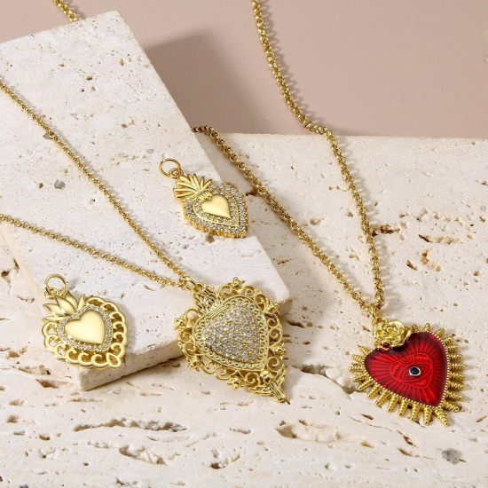 Image de Breloques Religieux en Laiton Coeur de Ex-Voto Plaqué Or Véritable 18K à Zircone Cubique Clair 1 Pièce