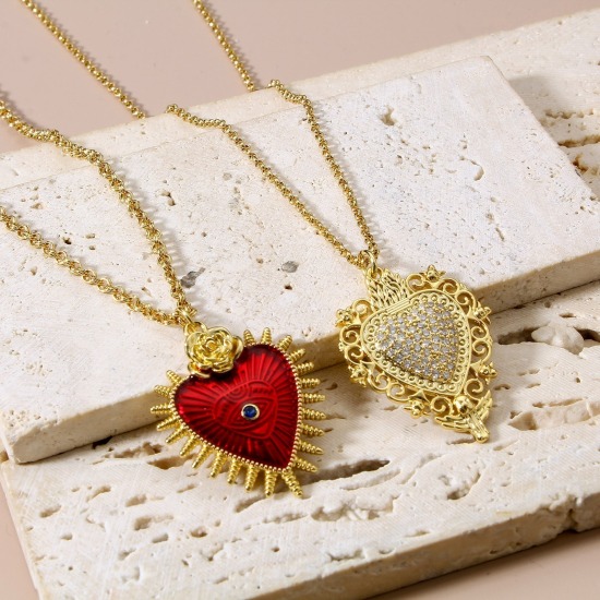Image de Breloques Religieux en Laiton Coeur de Ex-Voto Plaqué Or Véritable 18K à Zircone Cubique Clair 1 Pièce
