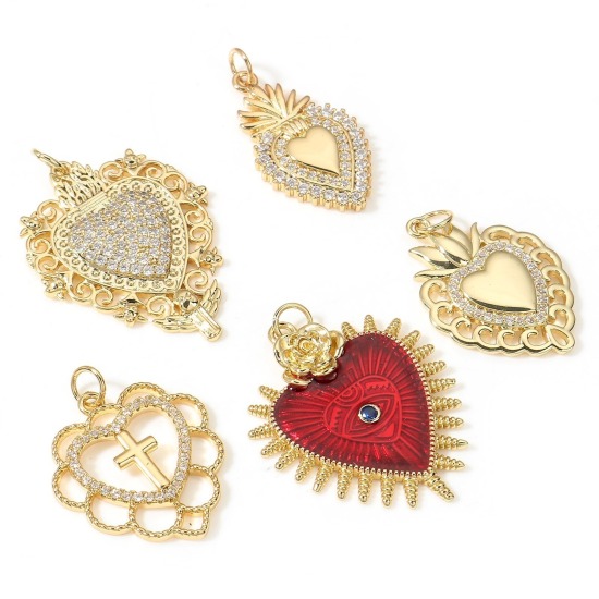 Image de Breloques Religieux en Laiton Coeur de Ex-Voto Plaqué Or Véritable 18K à Zircone Cubique Clair 1 Pièce