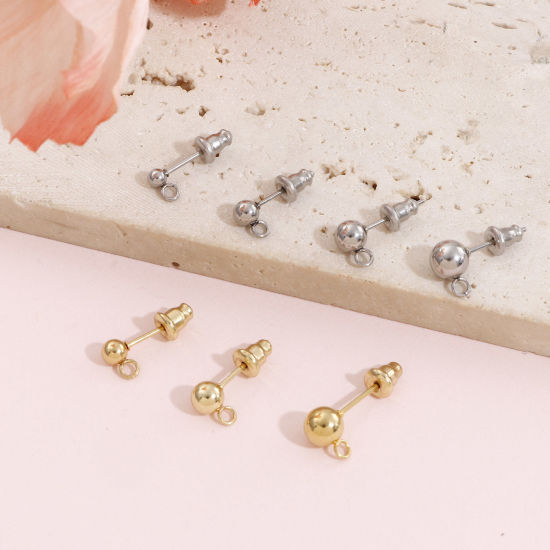 Picture of 304 Stainless Steel Ear Post Stud Earring With Loop Connector Accessories Round With Stoppers