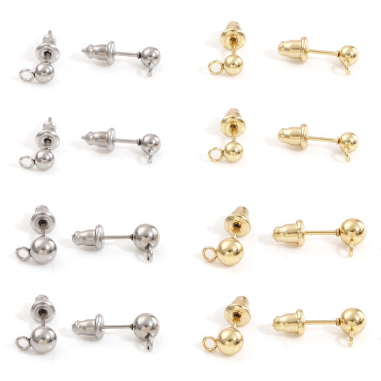 Picture of 304 Stainless Steel Ear Post Stud Earring With Loop Connector Accessories Round With Stoppers