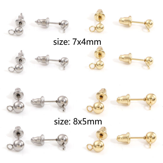 Picture of 304 Stainless Steel Ear Post Stud Earring With Loop Connector Accessories Round With Stoppers
