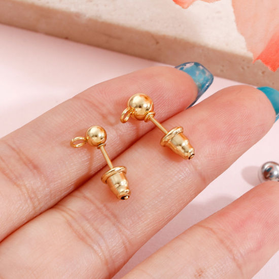 Picture of 304 Stainless Steel Ear Post Stud Earring With Loop Connector Accessories Round With Stoppers
