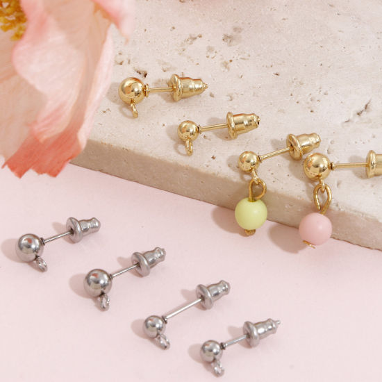 Picture of 304 Stainless Steel Ear Post Stud Earring With Loop Connector Accessories Round With Stoppers