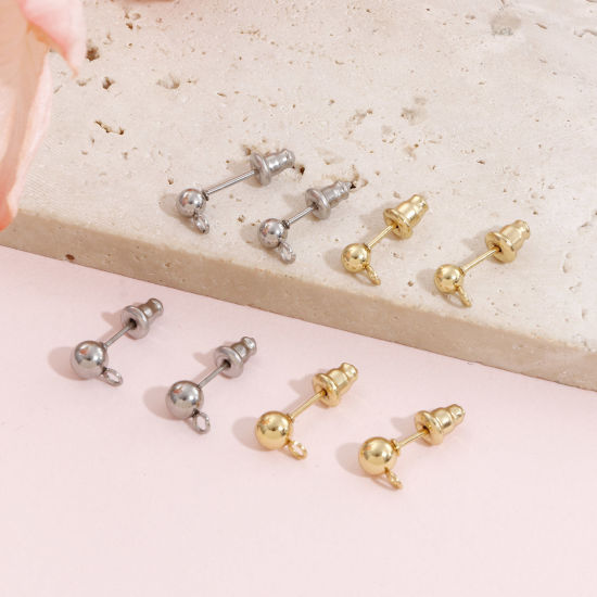 Picture of 304 Stainless Steel Ear Post Stud Earring With Loop Connector Accessories Round With Stoppers