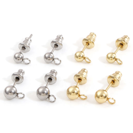 Picture of 304 Stainless Steel Ear Post Stud Earring With Loop Connector Accessories Round With Stoppers