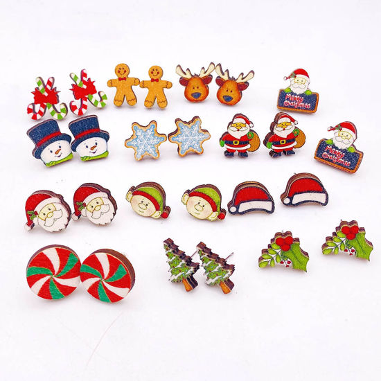 ウッド 可愛い かわいい キュート イヤリングピアス 多色 クリスマス 1 ペア の画像