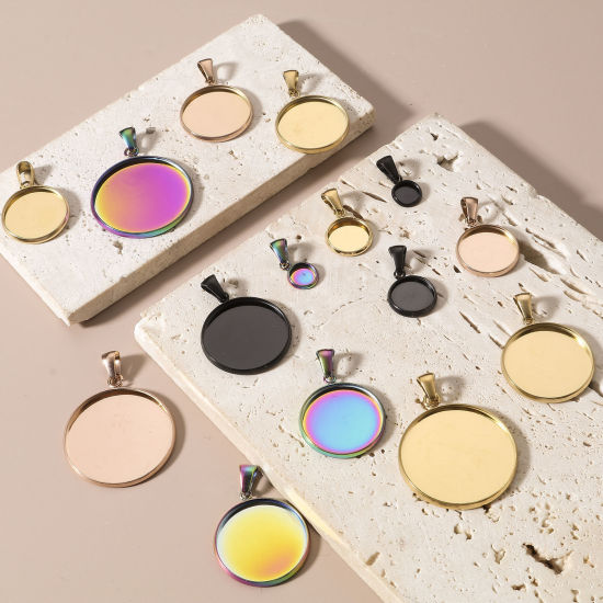 Image de 5 Pcs Pendentif Breloque en 304 Acier Inoxydable Placage sous Vide Rond Cabochon Rapportable
