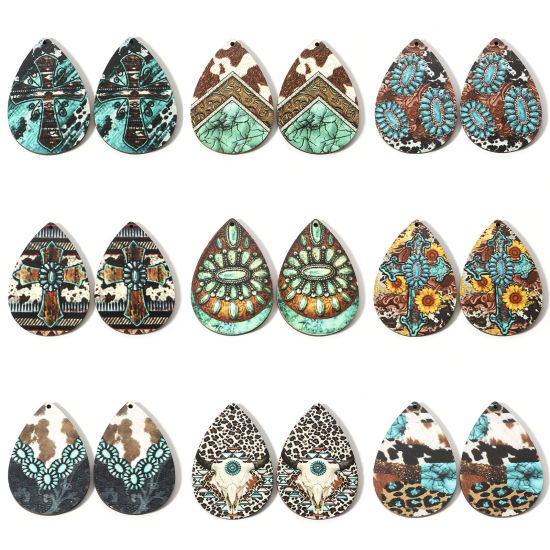 Image de Pendentifs Style Bohème en Bois Naturel Multicolore Goutte d'Eau 6cm x 4cm, 10 Pcs