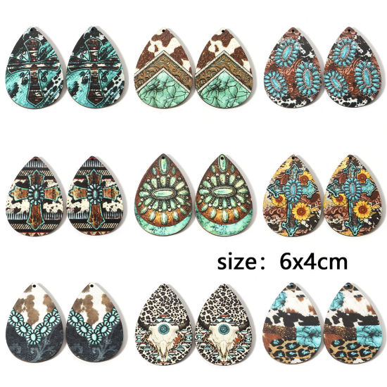 Image de Pendentifs Style Bohème en Bois Naturel Multicolore Goutte d'Eau 6cm x 4cm, 10 Pcs