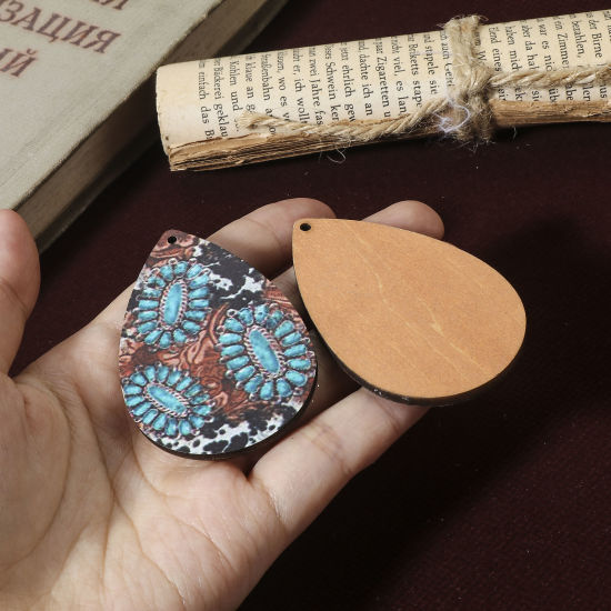 Image de Pendentifs Style Bohème en Bois Naturel Multicolore Goutte d'Eau 6cm x 4cm, 10 Pcs