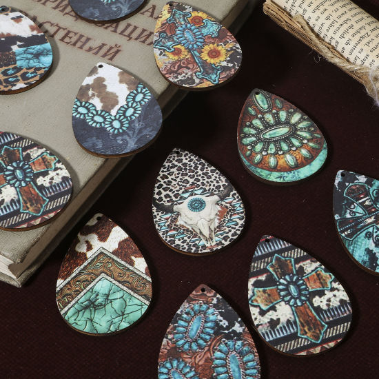Image de Pendentifs Style Bohème en Bois Naturel Multicolore Goutte d'Eau 6cm x 4cm, 10 Pcs