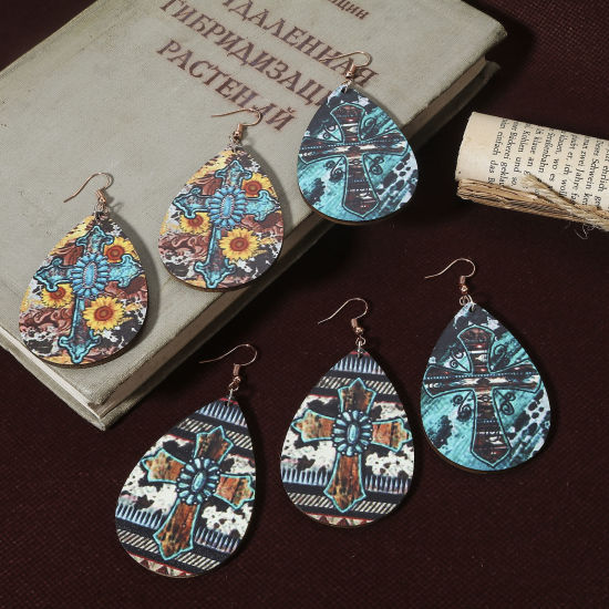 Image de Pendentifs Style Bohème en Bois Naturel Multicolore Goutte d'Eau 6cm x 4cm, 10 Pcs