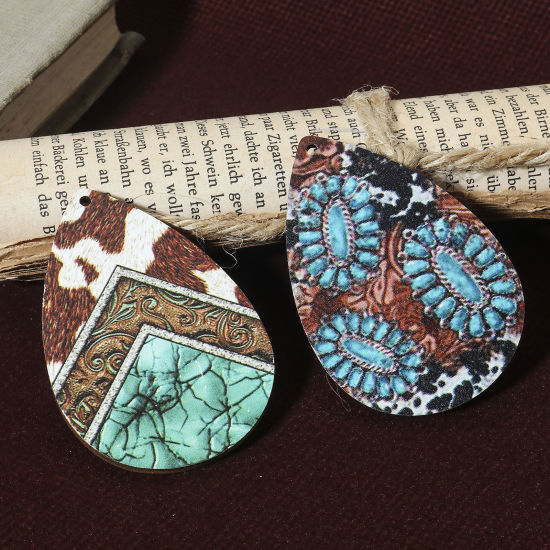 Image de Pendentifs Style Bohème en Bois Naturel Multicolore Goutte d'Eau 6cm x 4cm, 10 Pcs