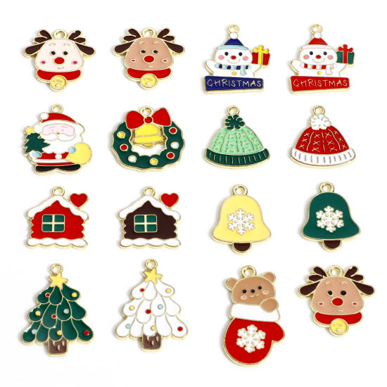 Image de Breloques Noël en Alliage de Zinc Plaqué Or KC Multicolore Émail 10 Pcs