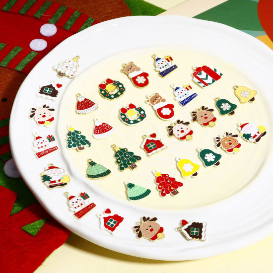 Image de Breloques Noël en Alliage de Zinc Plaqué Or KC Multicolore Émail 10 Pcs