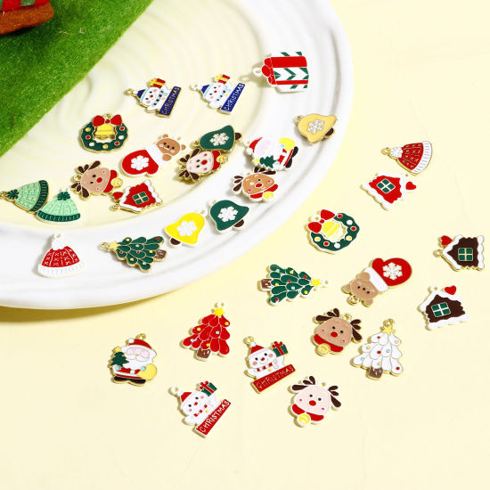 Image de Breloques Noël en Alliage de Zinc Plaqué Or KC Multicolore Émail 10 Pcs